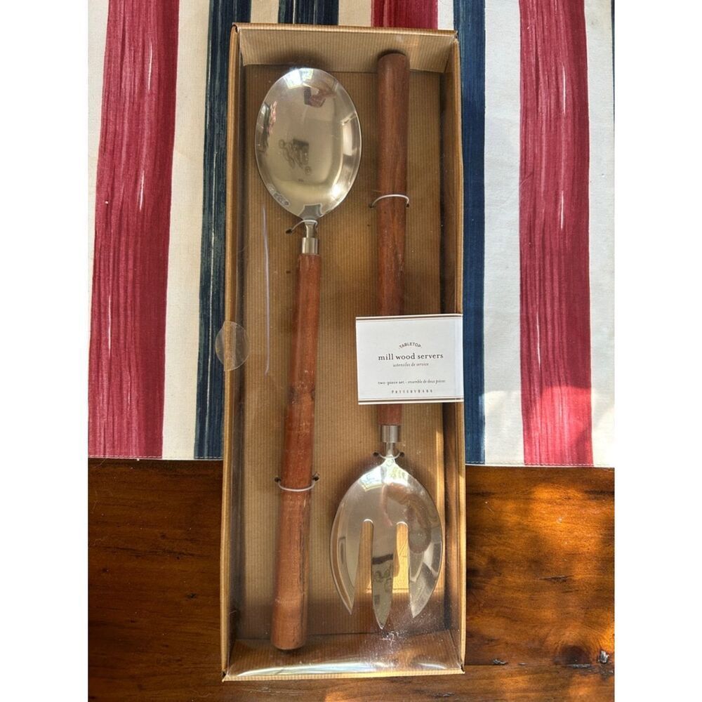 Pottery Barn NEW- Wood Handle Stainless Steel Serving Spoon and Fork Set